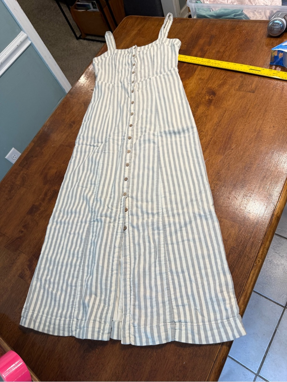 Faherty Dream Cotton Tie Dress Grey Striped Button Front Midi US Small GTS